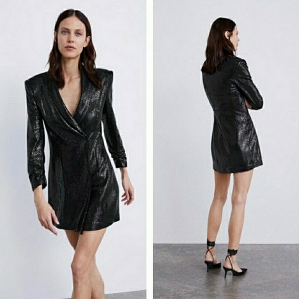 Zara Small Black Sparkly Blazer Dress Womens Shiny Snap buttons Cinched Sleeves